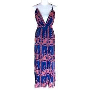 Magnolia Maxi Dress S Lace Embroidered Empire Waist Spaghetti Strap V Neck Navy